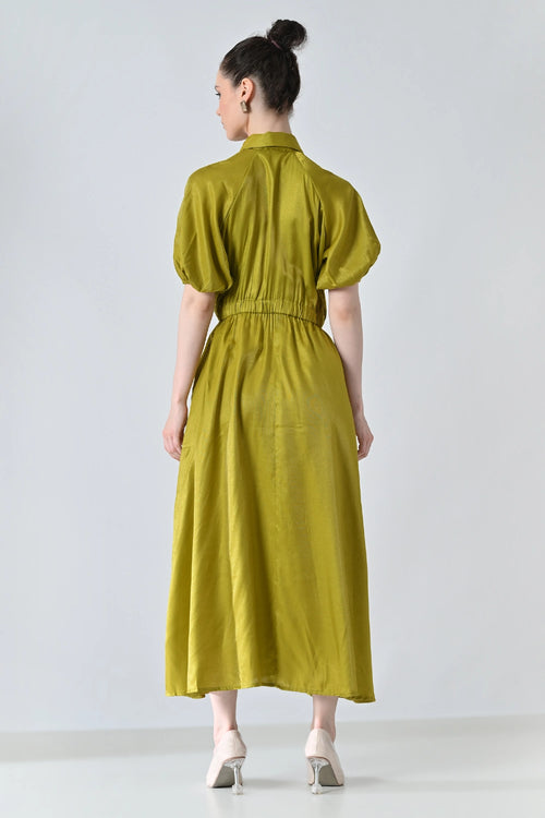 Olive Gathered Utility Dress With Pockets
