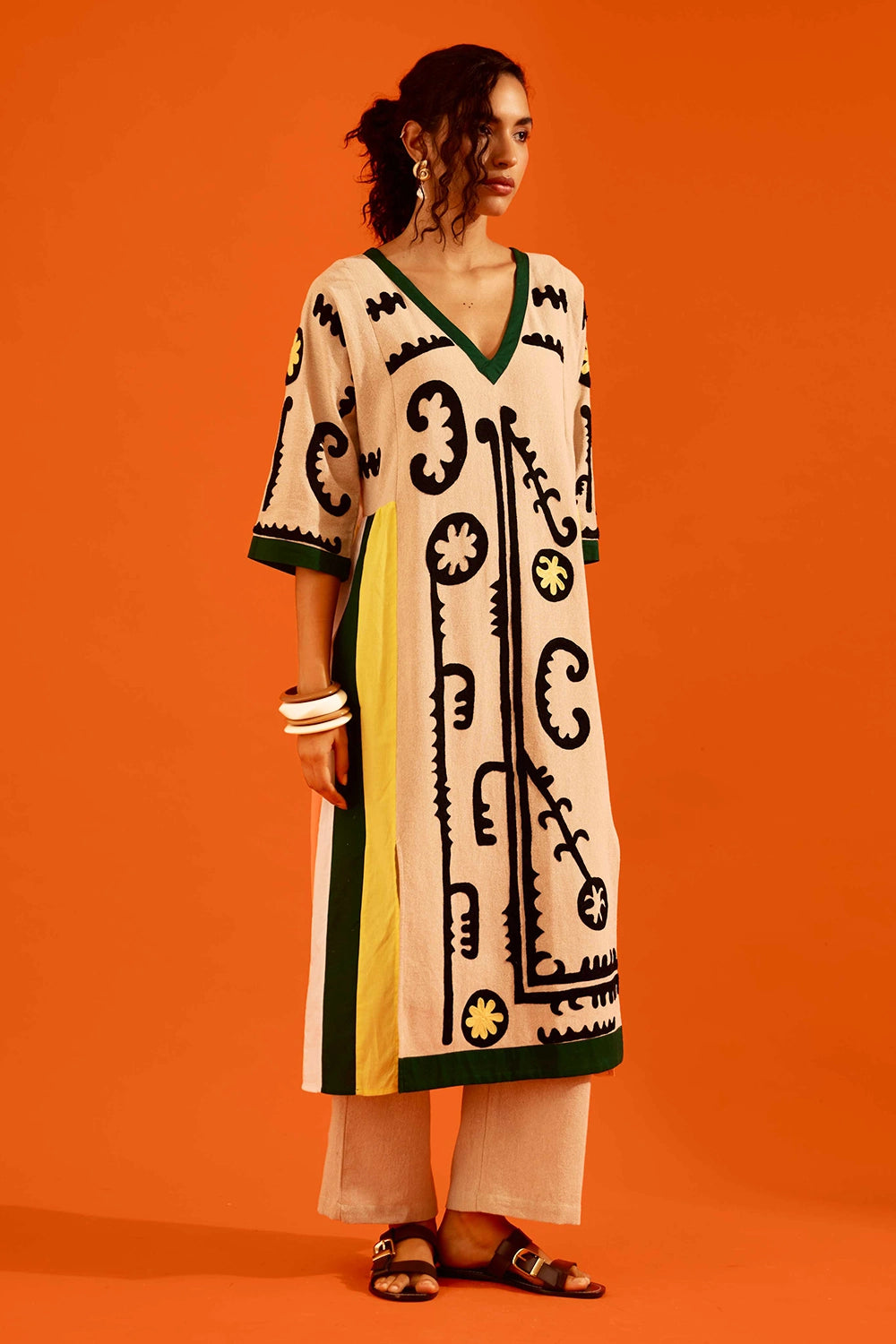 Natural Jute Thread Embroidered Tunic Set with Maasai Motif
