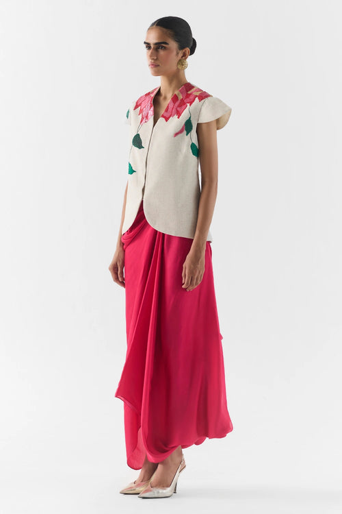 Pink Rose Vest And Knot Skirt Set