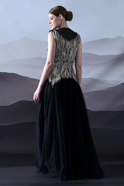 Black Gown With Artisanal Metallic Embroidery And Fluid Draping