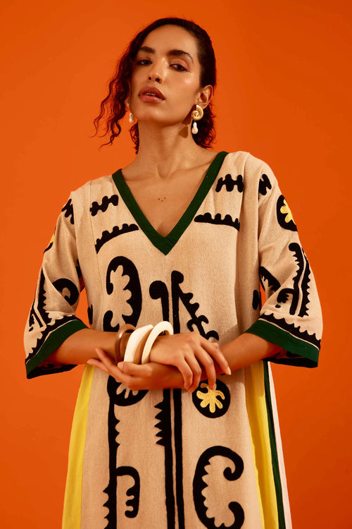 Natural Jute Thread Embroidered Tunic Set with Maasai Motif
