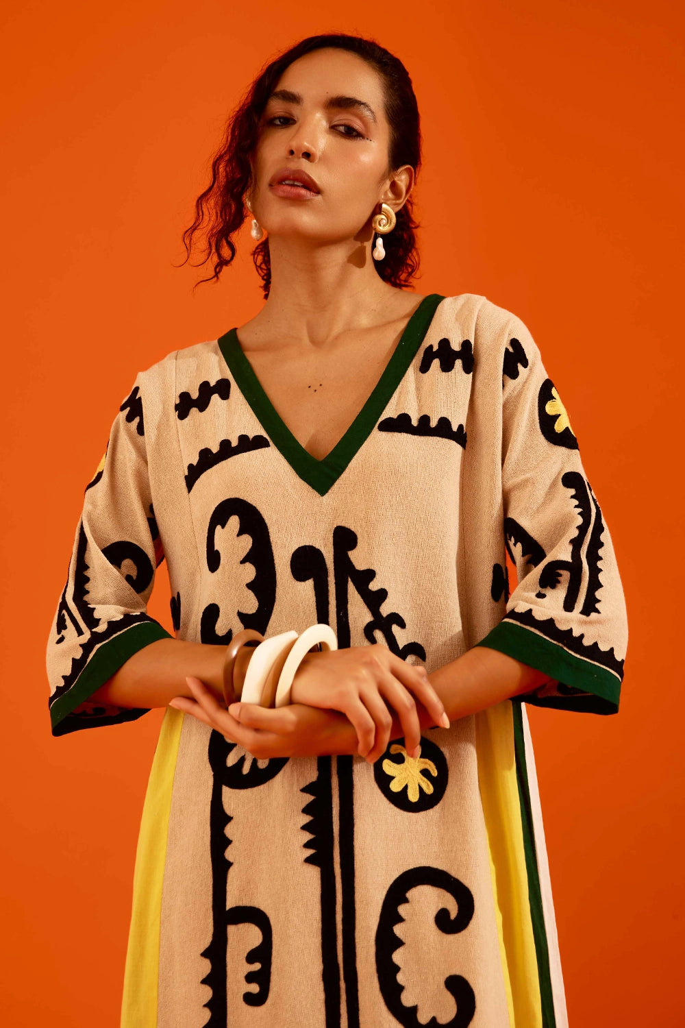 Natural Jute Thread Embroidered Tunic Set with Maasai Motif