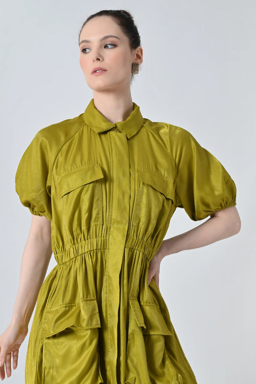 Olive Gathered Utility Dress With Pockets