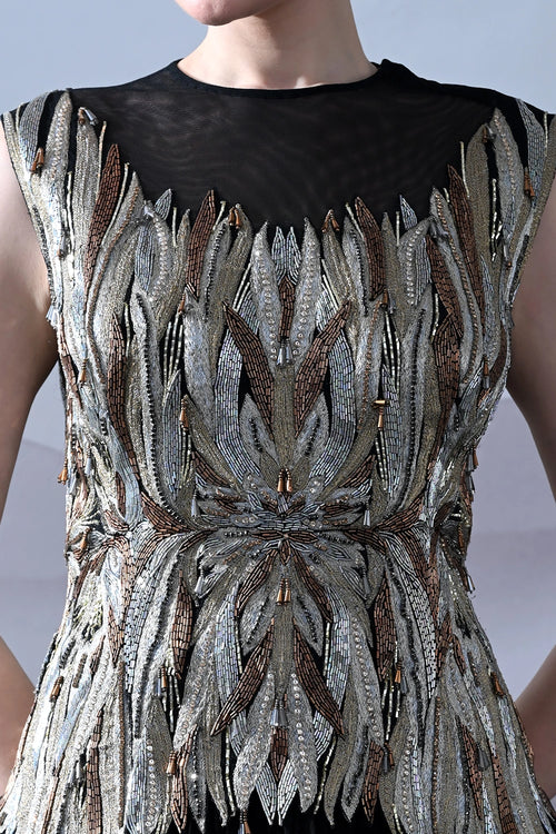 Black Gown With Artisanal Metallic Embroidery And Fluid Draping