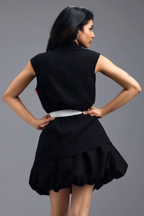 Black Panelled Sleeveless Blazer and Bubble Skirt