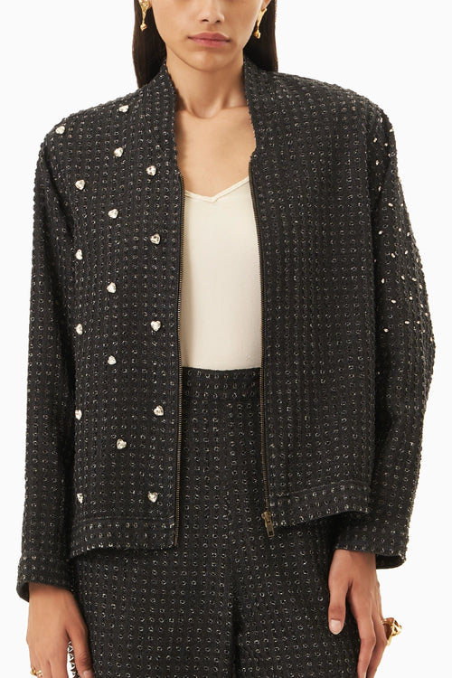 Black Denim Lazercut Heart Crystal Jacket