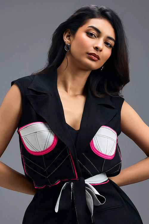 Black Panelled Sleeveless Blazer and Bubble Skirt