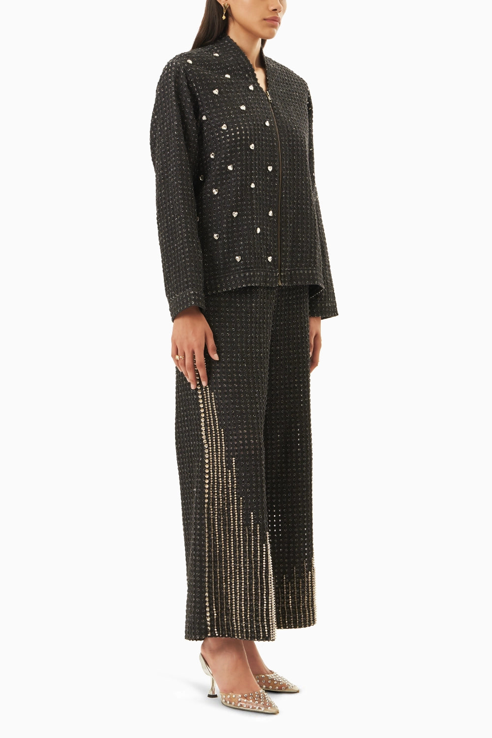 Black Denim Lazercut Heart Crystal Co-ord Set