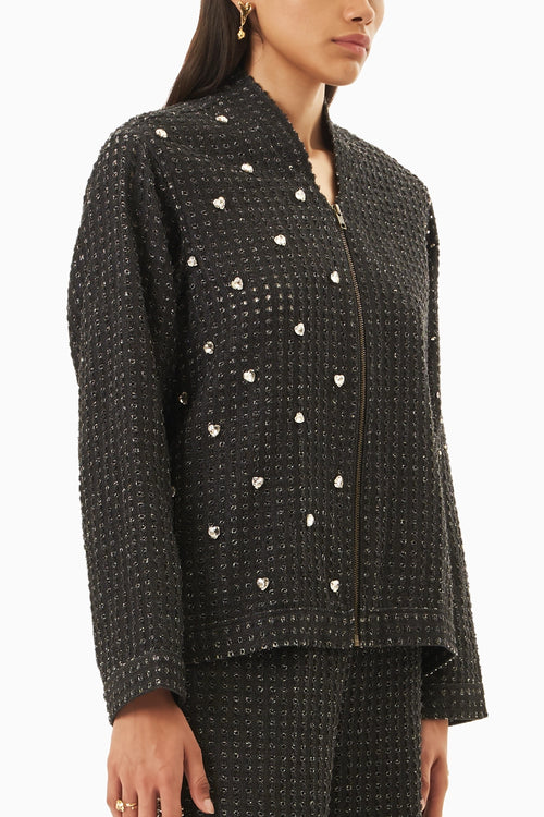 Black Denim Lazercut Heart Crystal Jacket