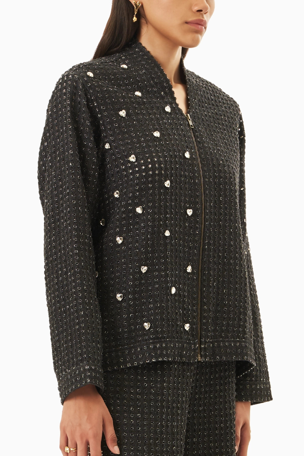 Black Denim Lazercut Heart Crystal Jacket