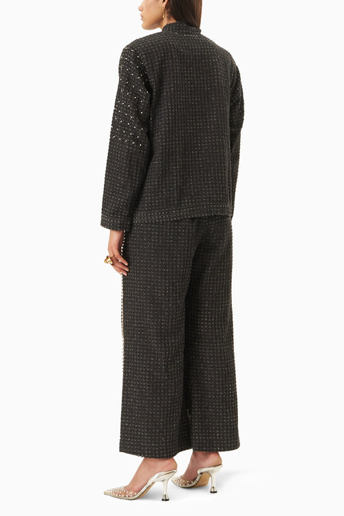 Black Denim Lazercut Heart Crystal Co-ord Set