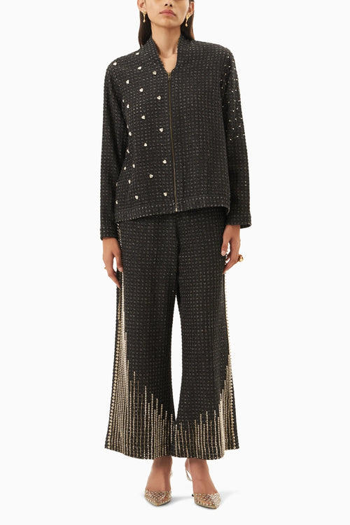 Black Denim Lazercut Heart Crystal Co-ord Set