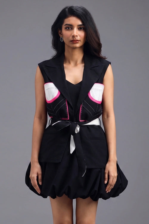 Black Panelled Sleeveless Blazer and Bubble Skirt