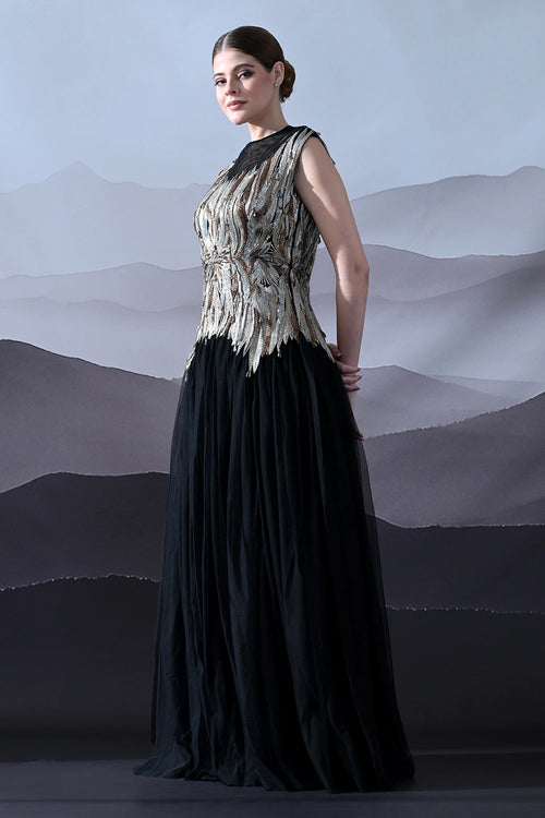Black Gown With Artisanal Metallic Embroidery And Fluid Draping