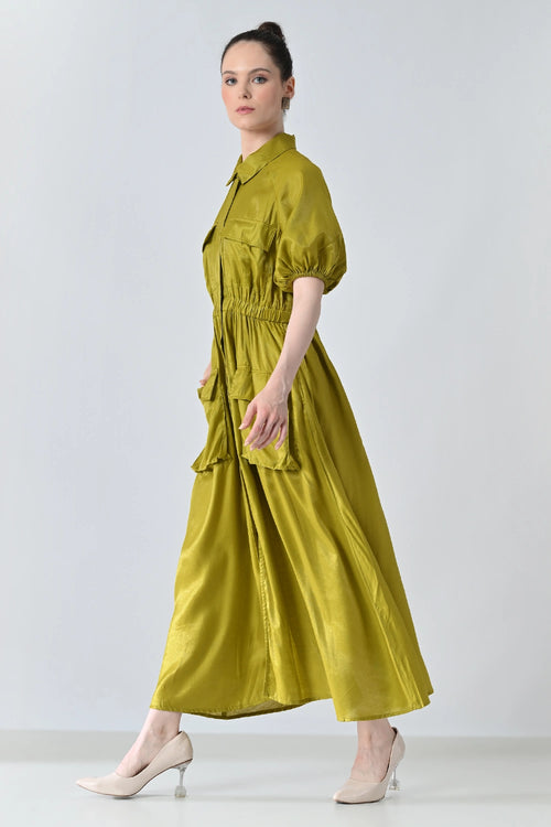 Olive Gathered Utility Dress With Pockets