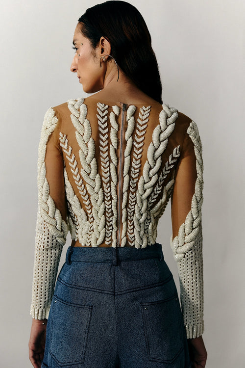 Ivory 3D Knit Hand Embellished Blouse