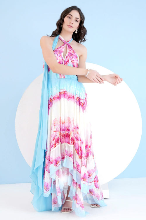 Pink Dune Printed High Low Dress With Cross Neckline