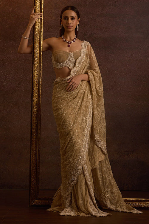 Vyom Beige Bustier Pre Draped Lehenga Saree Set