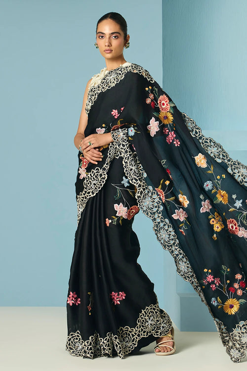 Black Floral Foliage Saree