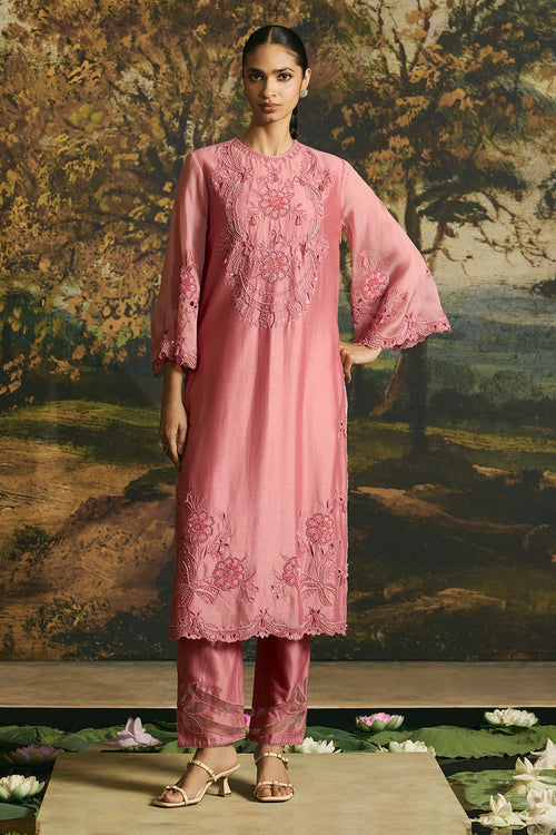 Pink Cutwork And Beadwork Kurta With Narrow Pants