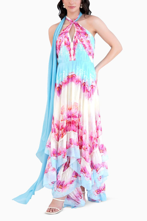 Pink Dune Printed High Low Dress With Cross Neckline