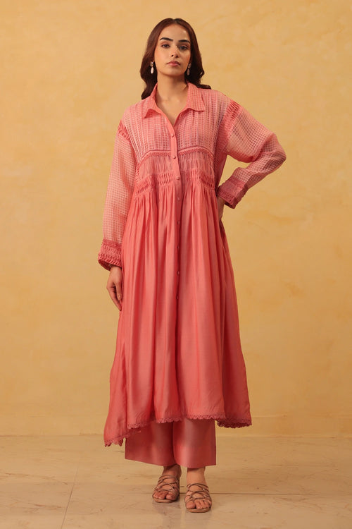 Vaayu Pink Pintuck Collar Kurta Set