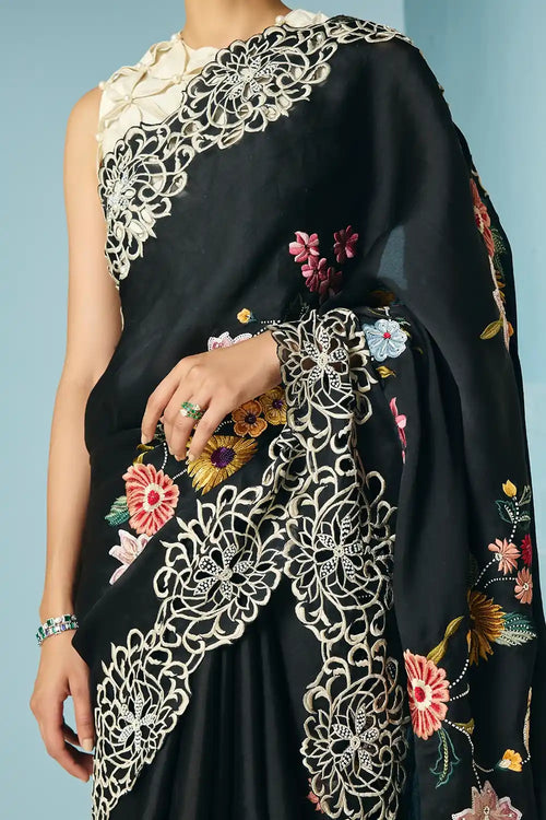 Black Floral Foliage Saree