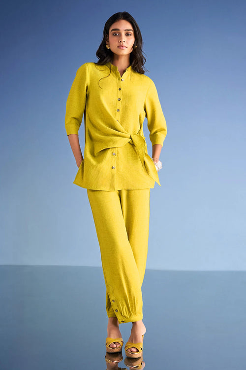Linen-Textured Side-Tie Top and Pleated Pant Set