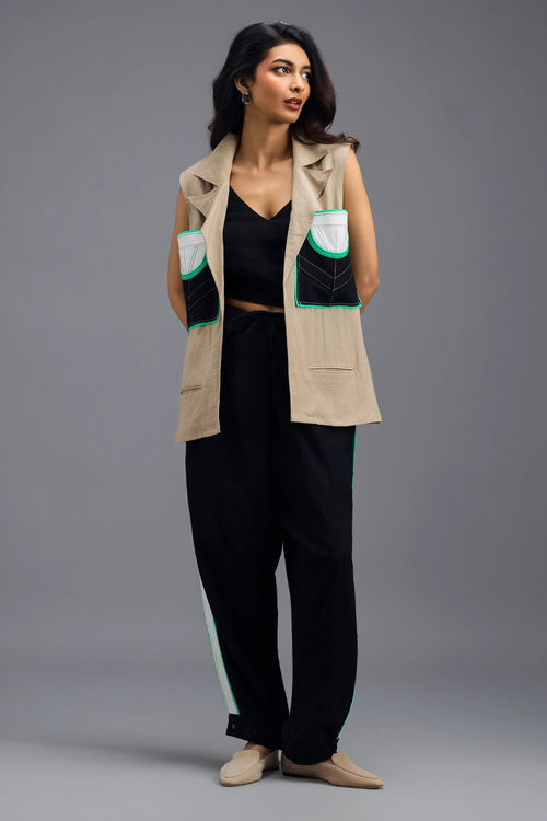 Beige Panelled Sleeveless Blazer with Twisted Top and Stripe Pants