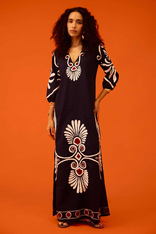 Black Botanical Maxi Thread Embroidered Dress