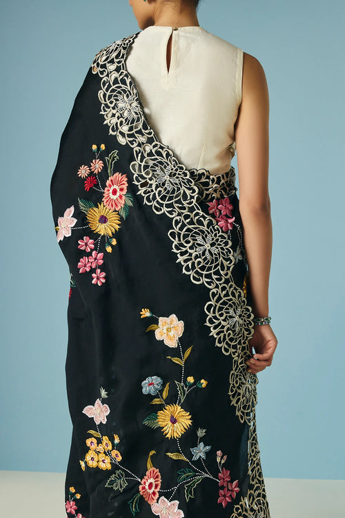 Black Floral Foliage Saree