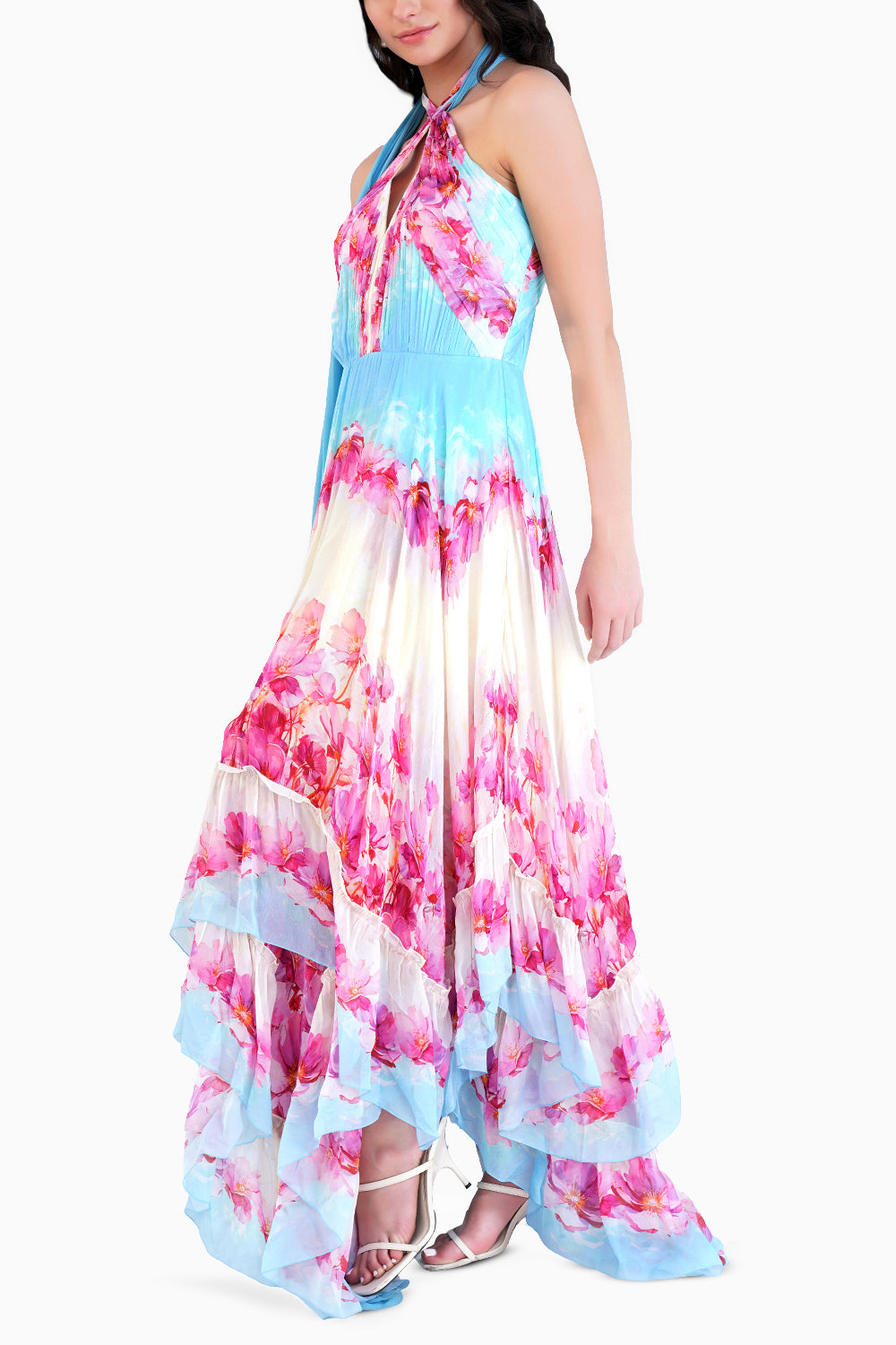 Pink Dune Printed High Low Dress With Cross Neckline