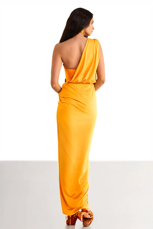 One Shoulder Draped Knit Sari Gown