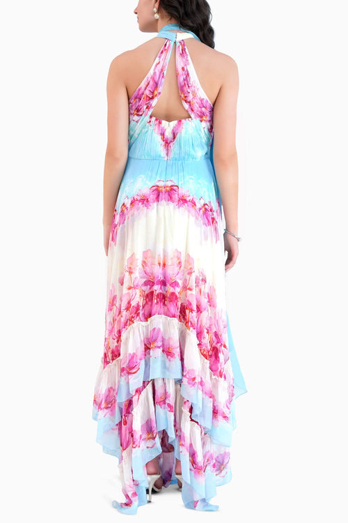 Pink Dune Printed High Low Dress With Cross Neckline