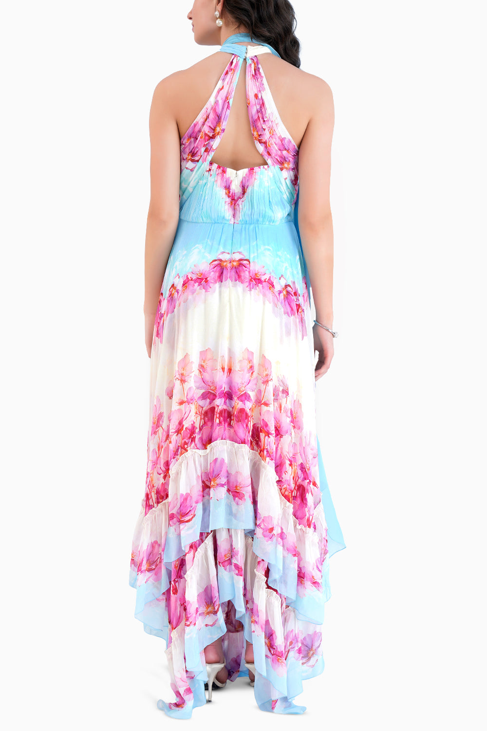 Pink Dune Printed High Low Dress With Cross Neckline