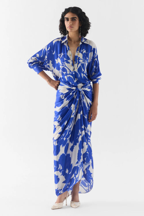 Blue Ink Draped Shirt Dress