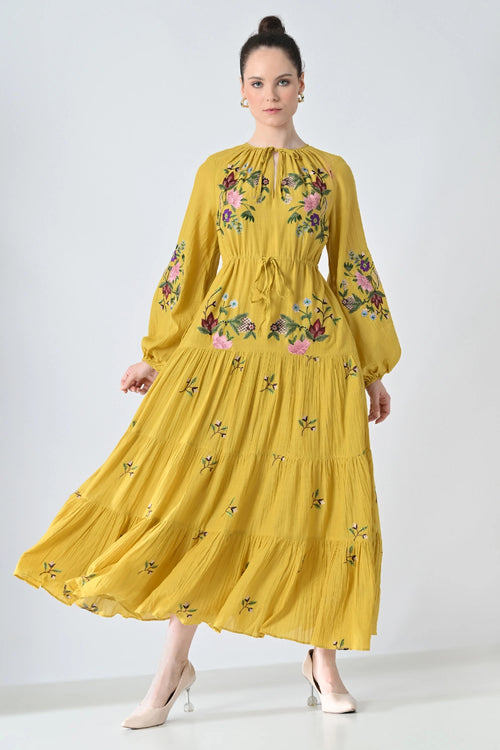 Sunflower Yellow  Embroidered Midi Dress