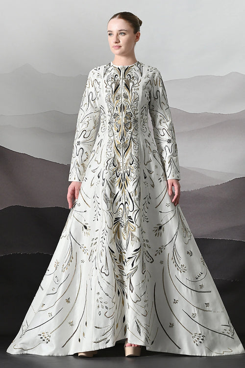 Elegant Ivory Full-Length Gown With Intricate Gold Embroidery