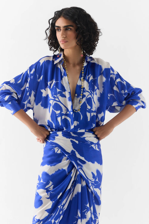 Blue Ink Draped Shirt Dress