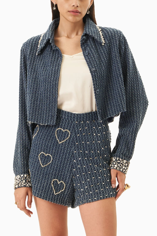 Dark Denim Lazercut Crystal Crop Shirt
