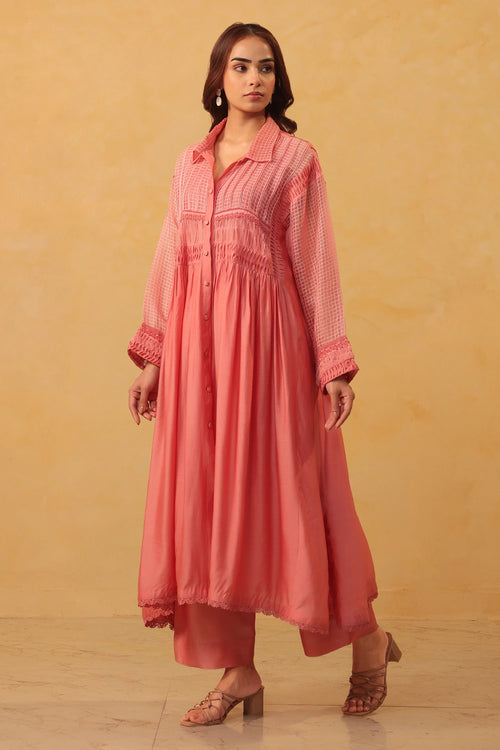 Vaayu Pink Pintuck Collar Kurta Set