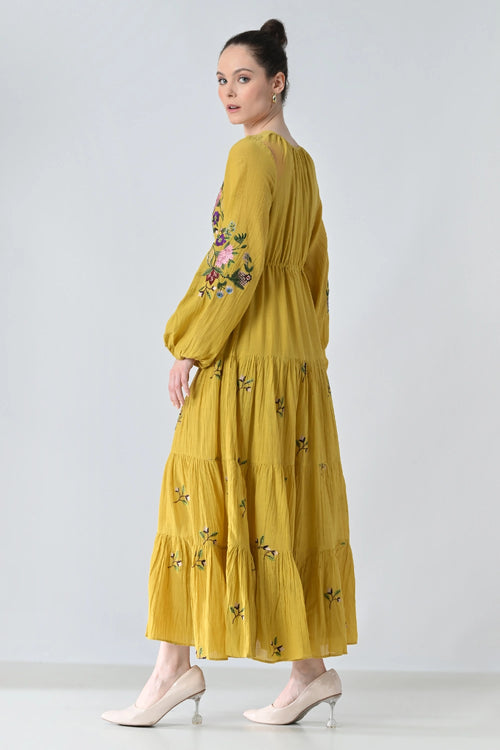 Sunflower Yellow  Embroidered Midi Dress