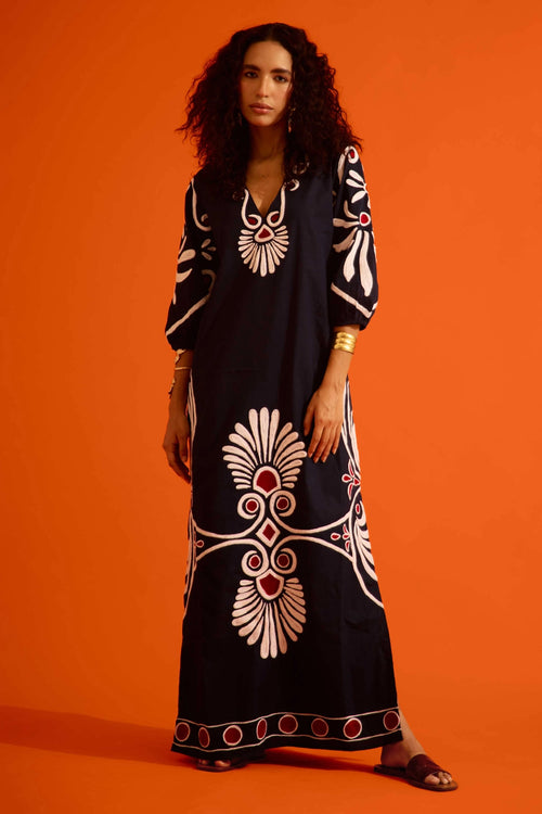 Black Botanical Maxi Thread Embroidered Dress