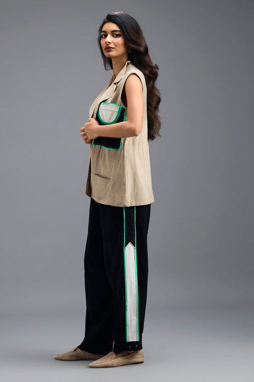 Beige Panelled Sleeveless Blazer with Twisted Top and Stripe Pants