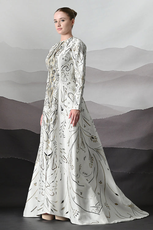 Elegant Ivory Full-Length Gown With Intricate Gold Embroidery