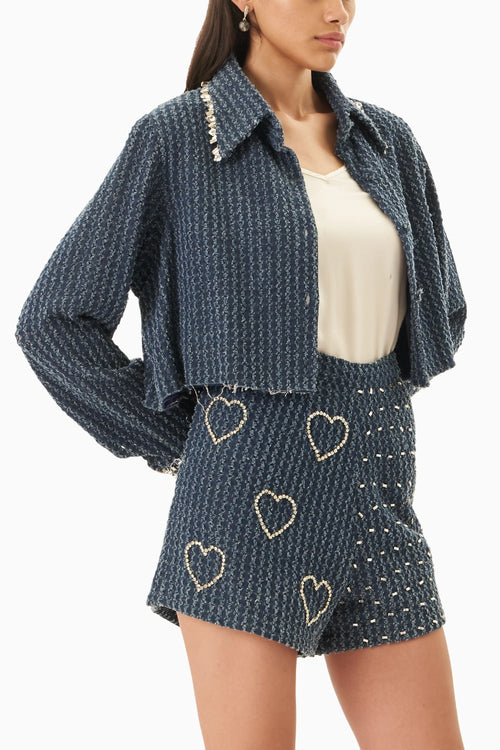 Dark Denim Lazercut Crystal Crop Shirt
