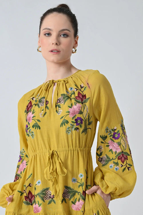 Sunflower Yellow  Embroidered Midi Dress