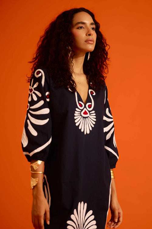 Black Botanical Maxi Thread Embroidered Dress
