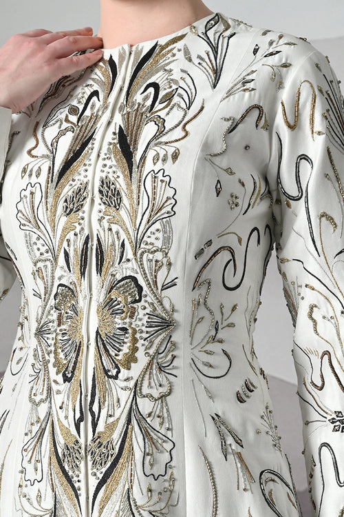 Elegant Ivory Full-Length Gown With Intricate Gold Embroidery