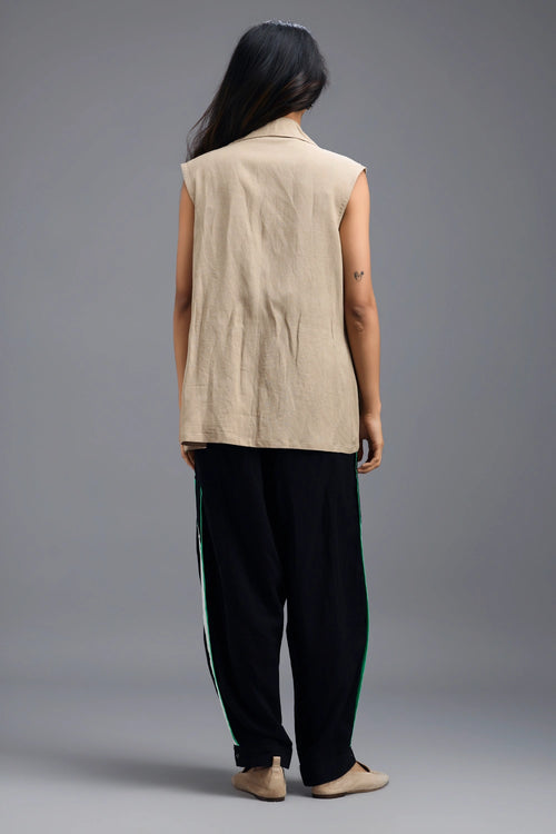 Beige Panelled Sleeveless Blazer with Twisted Top and Stripe Pants